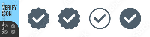 Account verify icon, verified badge icon with check mark tick symbol: confirmed, approved, verification icons. Color options for verification icons