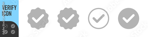 Account verify icon, verified badge icon with check mark tick symbol: confirmed, approved, verification icons. Color options for verification icons