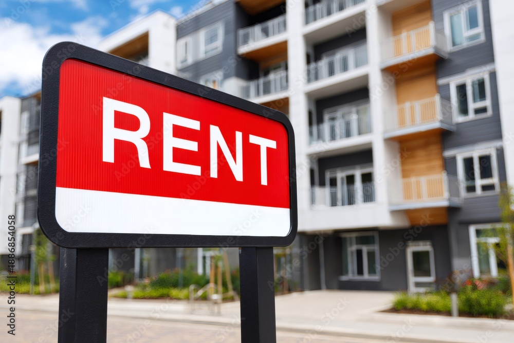 Obraz premium Rent sign standing in front of modern apartment building