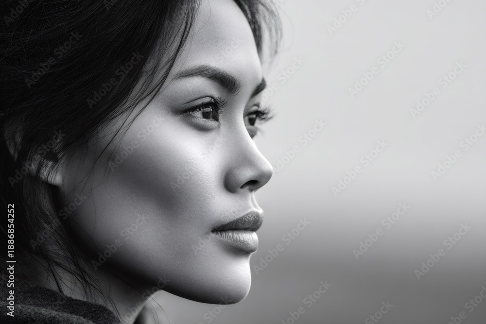 Fototapeta premium Asian woman profile contemplating future in black and white