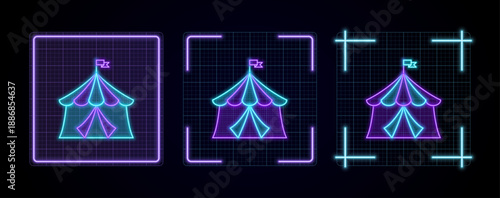 Circus icon illustration, cyber neon visual, glowing border grid vector.