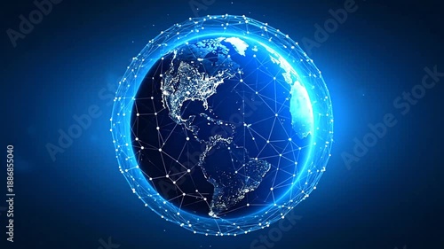 A 3D rendered image of Earth with a mesh of connected dots, representing a global network