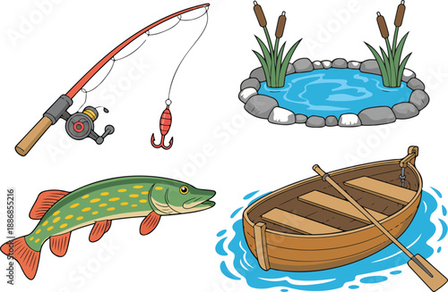 Freshwater Fishing Equipment Vector Set Rod, Lure, Rowboat, and Reeds