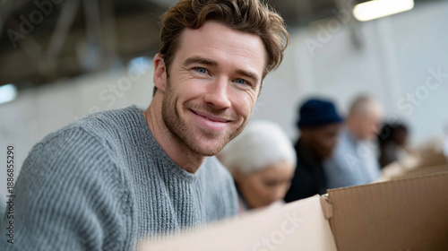 Male volunteer helping to picking up boxes.