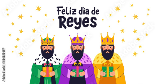 Happy Three Kings Day Illustration with Gifts and Stars, Festive Celebration