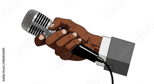 Close-up of a dark-skinned hand holding a vintage microphone, ready to speak