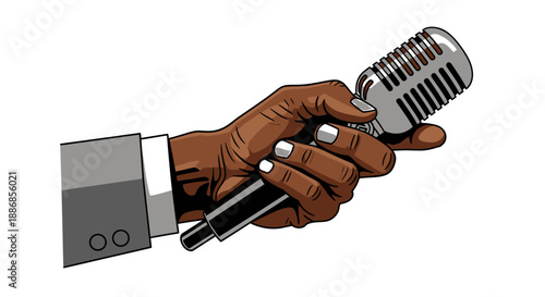 Hand Holding Vintage Microphone, Stylized Illustration for Music and Performance Themes