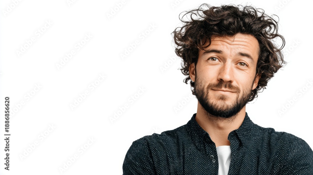 Fototapeta premium Caucasian male adult with curly hair and beard smiling against white background.