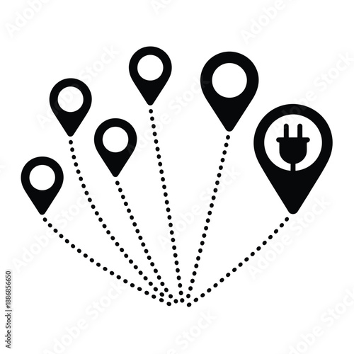 Location pins connected to an electrical outlet symbol network illustration