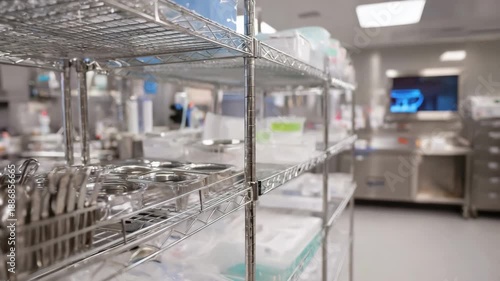 Medium shot of a sterilization room featuring cleanable shelving stocked with sterilized surgical instruments with the main shelf in sharp focus and background softly blurred.