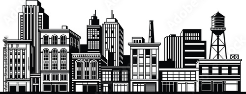 Black and white city skyline silhouette vector illustration featuring various buildings, industrial towers, commercial shops, and water tank on roof, urban landscape architecture on white background.