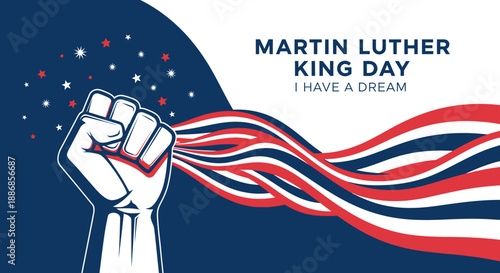 Martin Luther King Day Fist Raised with American Flag Waves and Stars