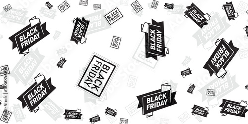 Black Friday sale tags raining down in a dynamic pattern, creating a festive shopping atmosphere