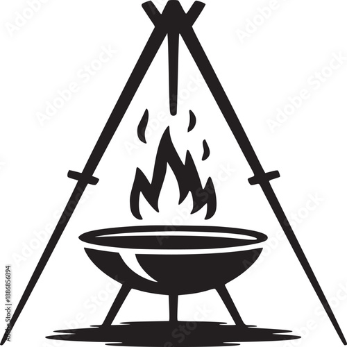 Black and white graphic of a campfire tripod with a cooking pot and flames in the center view