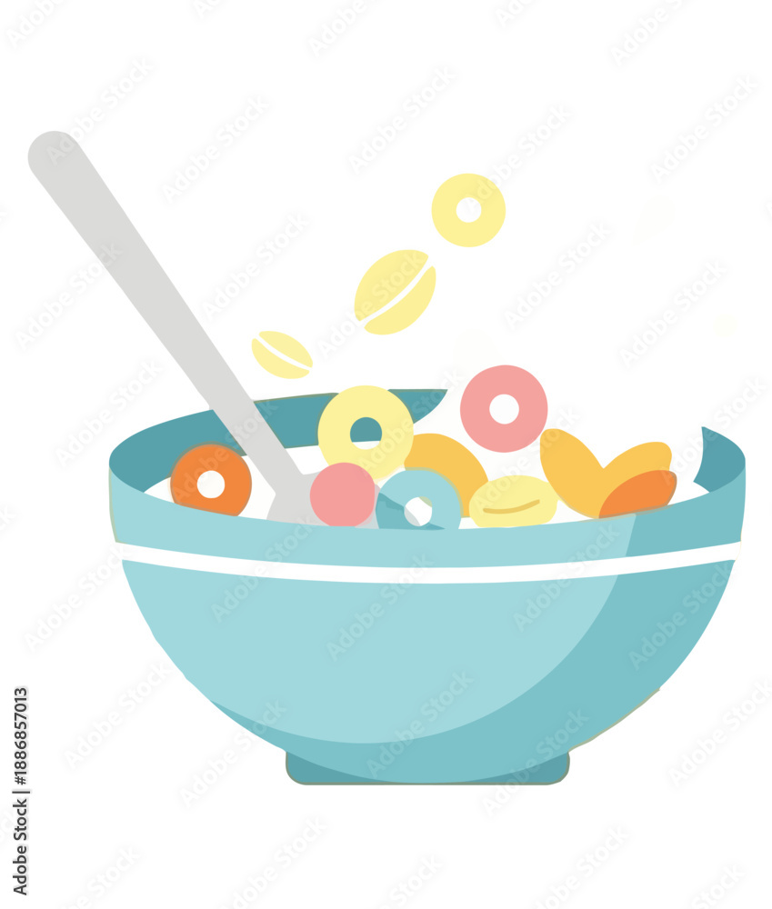 Fototapeta premium Colorful breakfast cereal illustration in a blue bowl with a spoon and floating rings, viewed from the side