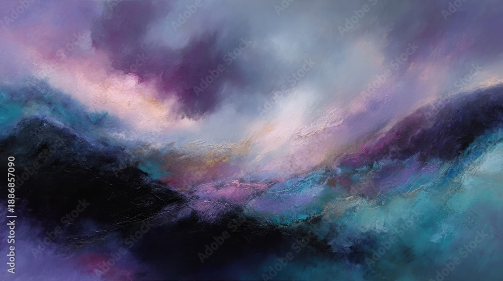 Fototapeta premium Abstract purple and cyan dreamscape with dramatic cloud formations.