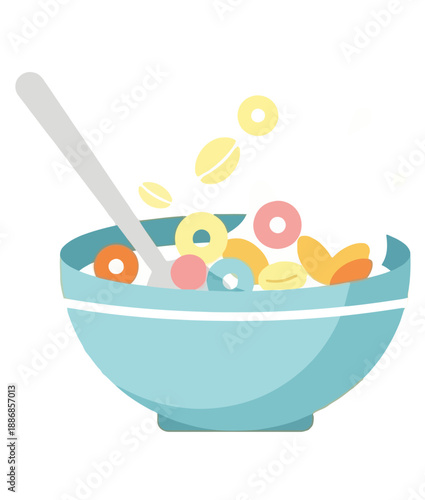 Colorful breakfast cereal illustration in a blue bowl with a spoon and floating rings, viewed from the side