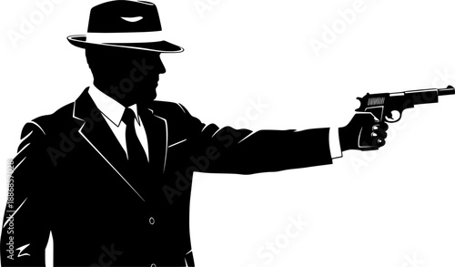 Man holding gun in suit and hat silhouette vector illustration
