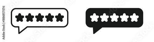 Five star review chat bubble icon set in outline and silhouette style, customer feedback rating testimonial and service evaluation, vector illustration