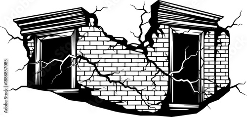 Cracked brick wall damaged architecture destruction silhouette vector illustration
