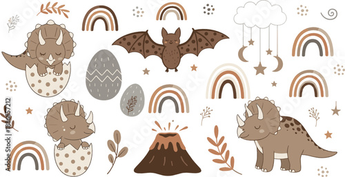Cute baby dinosaur set with rainbows, volcano, eggs, bats, and dreamy elements in soft pastel kawaii style for kids vector illustrations