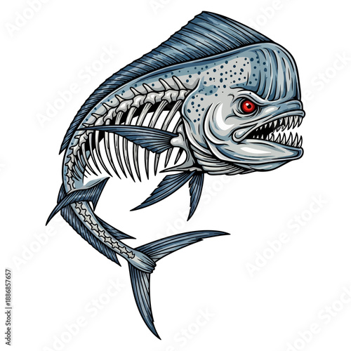 Mahi mahi dorado fish skeleton illustration with angry face and sharp teeth for sport fishing mascot