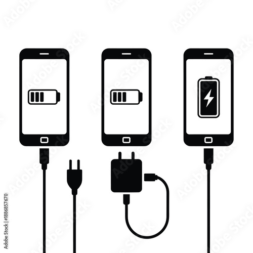 Smartphone charging levels illustrated with three devices and power source
