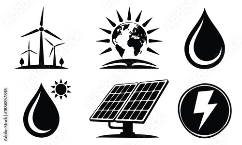Renewable energy set bundle earth day silhouette for sustainable life