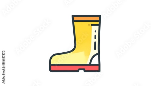 A vibrant flat-design illustration of a tall, yellow rubber boot with red trim, isolated on a white background. It's an outdoor footwear depiction