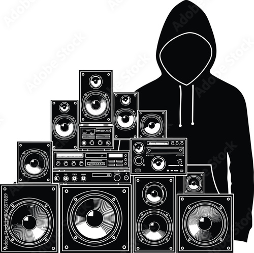 Black and white vector illustration of an anonymous figure in a hooded sweatshirt standing behind a large wall of audio stereo speakers and vintage electronic hi-fi equipment, music culture concept.