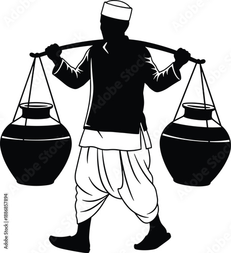 Black and white vector illustration of an Indian or South Asian man carrying heavy clay water pots on a shoulder yoke, traditional water carrier silhouette graphic.