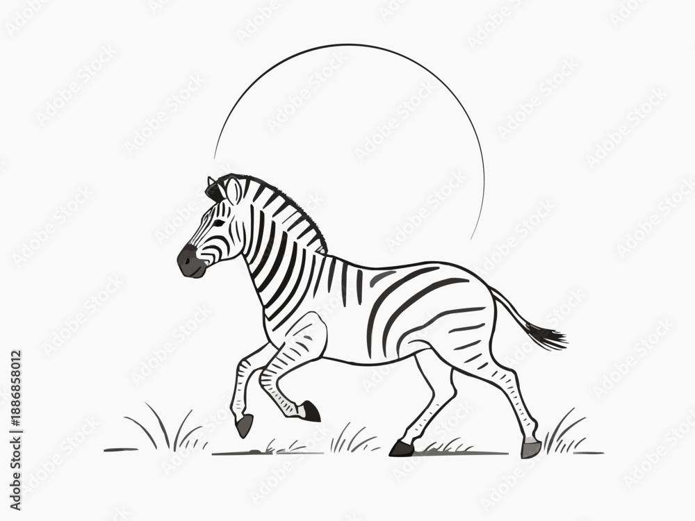 Fototapeta premium Minimalist, organic line art illustration of a graceful zebra roaming in the savanna, with flowing, continuous black lines on a clean white background for children coloring book, Generative AI