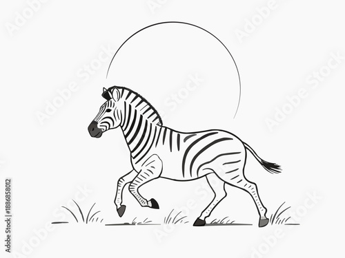 Minimalist, organic line art illustration of a graceful zebra roaming in the savanna, with flowing, continuous black lines on a clean white background for children coloring book, Generative AI