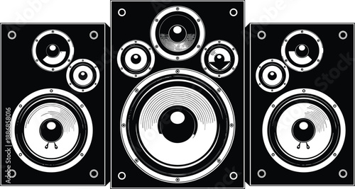 Black and white vector illustration of three large rectangular audio speakers featuring subwoofers and multiple drivers, representing powerful music, sound, and entertainment technology.