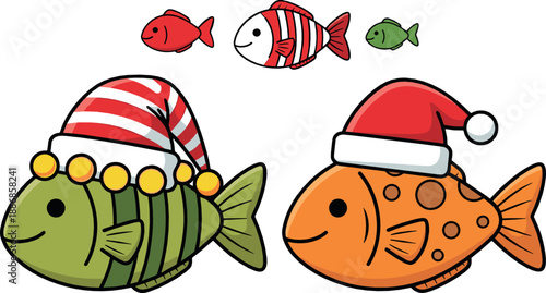 Cute Christmas fish characters wearing Santa hats in colorful cartoon style, festive holiday sea animals for kids, stickers, and vector illustrations