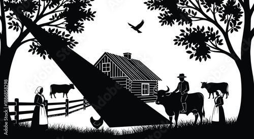 Black and white vector silhouette of an 18th-century farm scene featuring a log cabin, cattle, and farm folk with an enigmatic diagonal light beam effect.