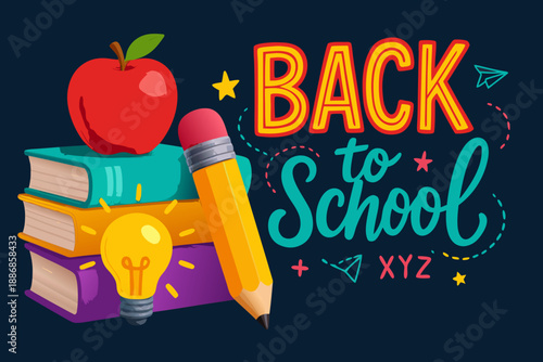 A colorful vector graphic illustration of back to school supplies and text