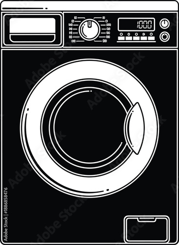 Black and white washing machine vector illustration, front loading laundry appliance with control panel, modern household equipment isolated on white background