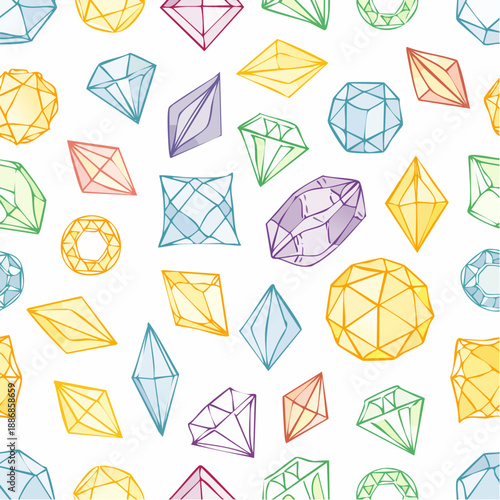 Seamless pattern with geometrical shapes. Various polyhedral figures, dices for rpg tabletop games. Colorful line silhouettes.