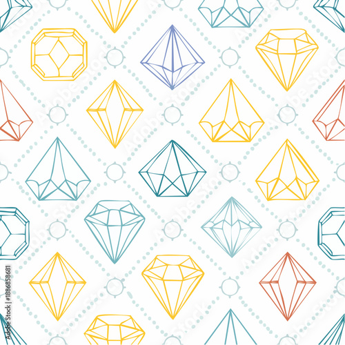 Seamless pattern with geometrical shapes. Various polyhedral figures, dices for rpg tabletop games. Colorful line silhouettes.