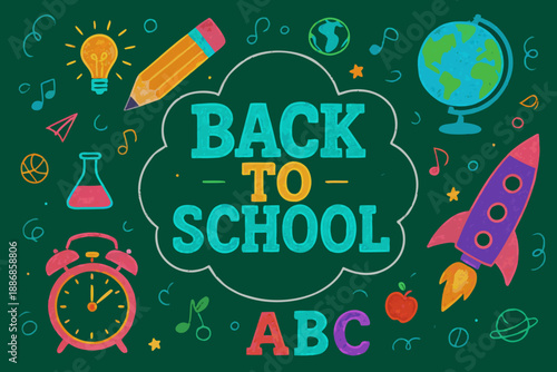 A colorful vector graphic illustration of a back to school theme with various educational icons