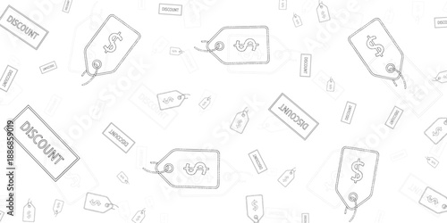 Discount and sale tags with dollar signs scattered on a light background