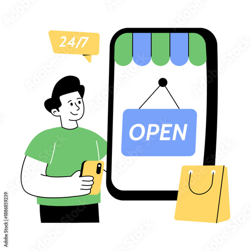 A flat style illustration of online shop open 