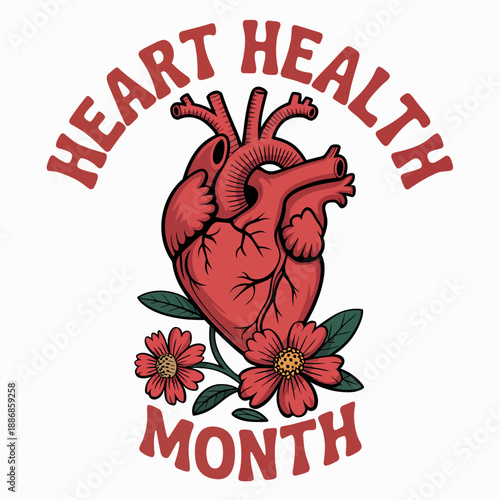 A detailed anatomical heart is depicted with flowers, surrounded by text promoting heart health month. The design uses a cohesive color palette for impact.