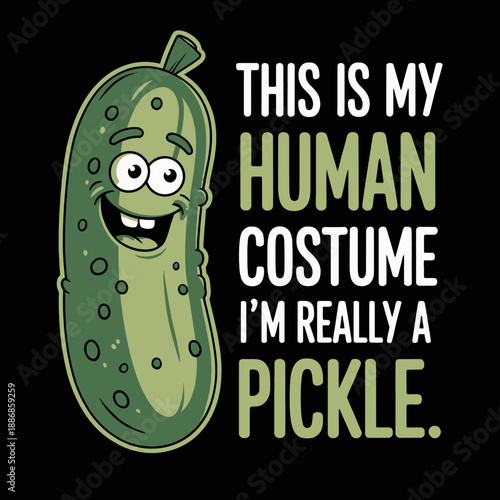 A cartoon pickle with a smiling face stands beside playful text.