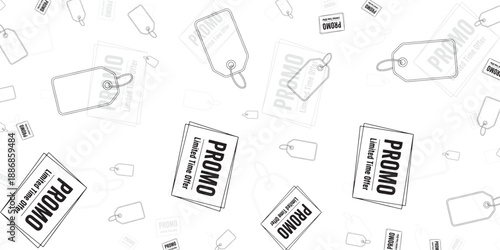 Seamless pattern of promotional tags and gift cards with 'Promo' text, isolated on white background
