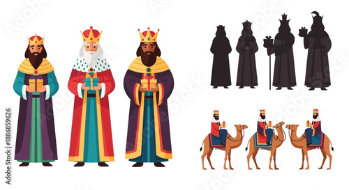 Three Wise Men in Religious Attire Holding Gifts with Camel and Silhouette Illustrations