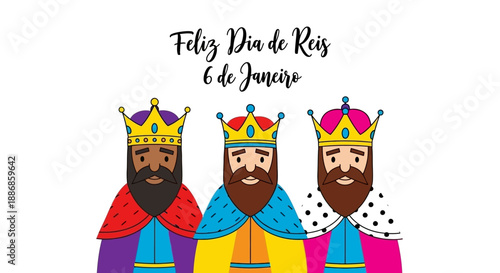 Three Kings Day Illustration with Feliz Dia de Reis Text and Crowns - January 6th