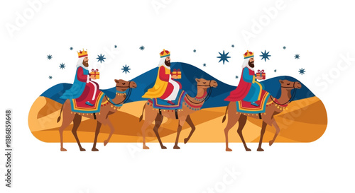 Three Wise Men on Camels in Desert Landscape with Stars and Mountains