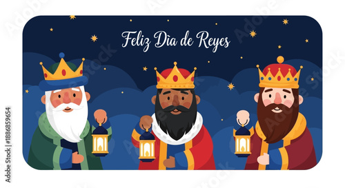 Feliz Dia de Reyes Celebration with Three Kings and Stars on a Dark Blue Background